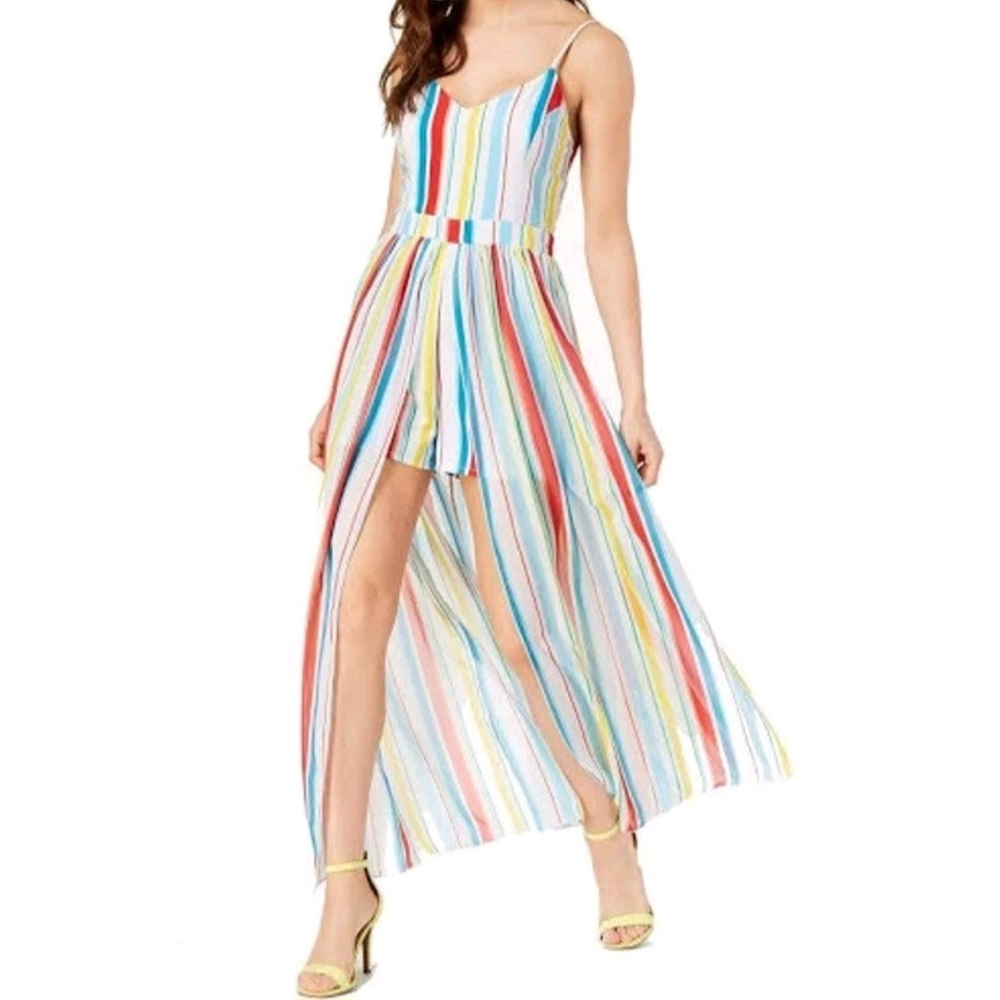 XOXO Juniors Beach Stripe Maxi Romper Dress Tropical Blue Yellow Red Size Sm NEW
